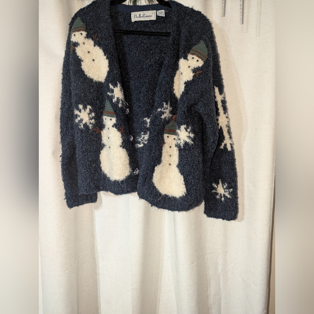 Vintage Wool Blend Snowman Chunky Button Up Cardigan Large